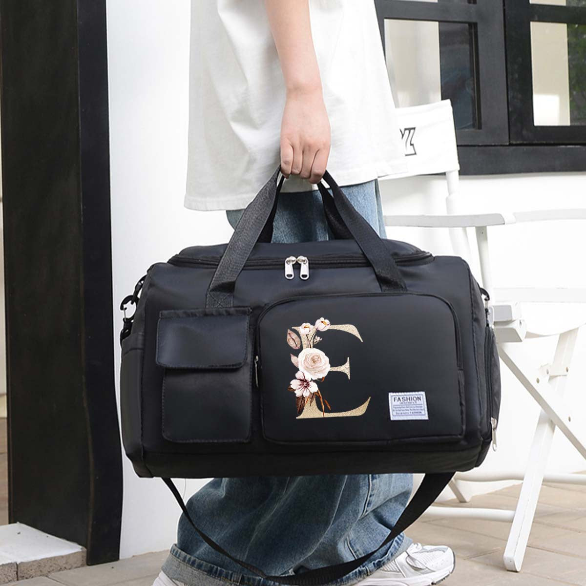 Large Black Travel Bag with Floral Letter Design, Oxford Cloth, Multiple Compartments
