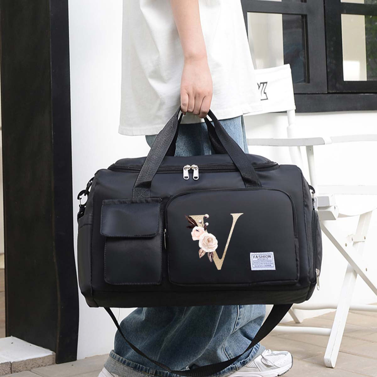 Large Black Travel Bag with Floral Letter Design, Oxford Cloth, Multiple Compartments