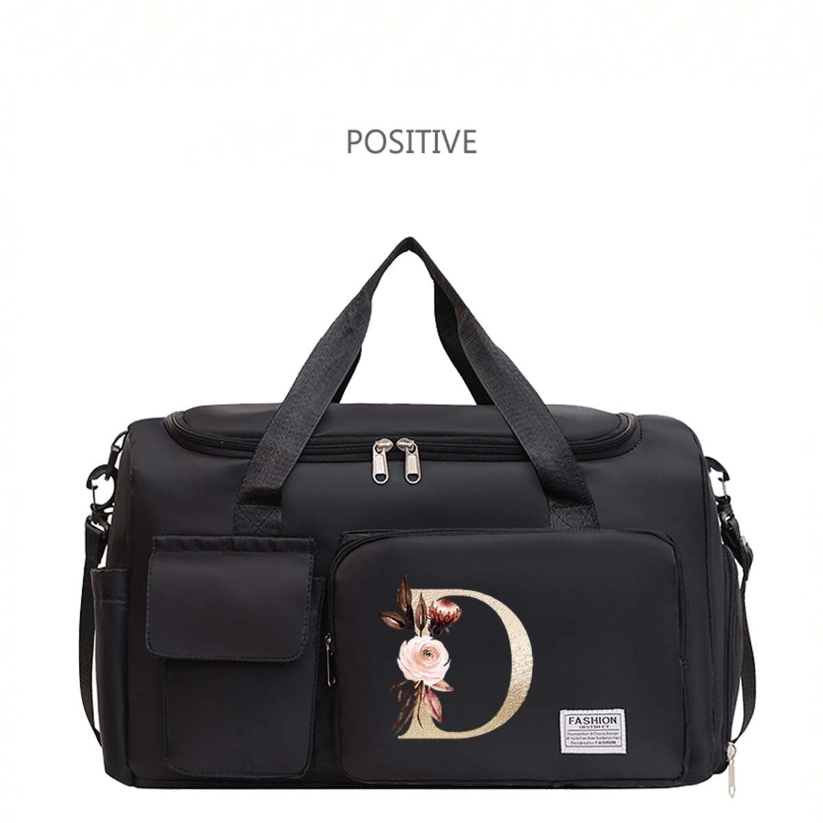 Large Black Travel Bag with Floral Letter Design, Oxford Cloth, Multiple Compartments