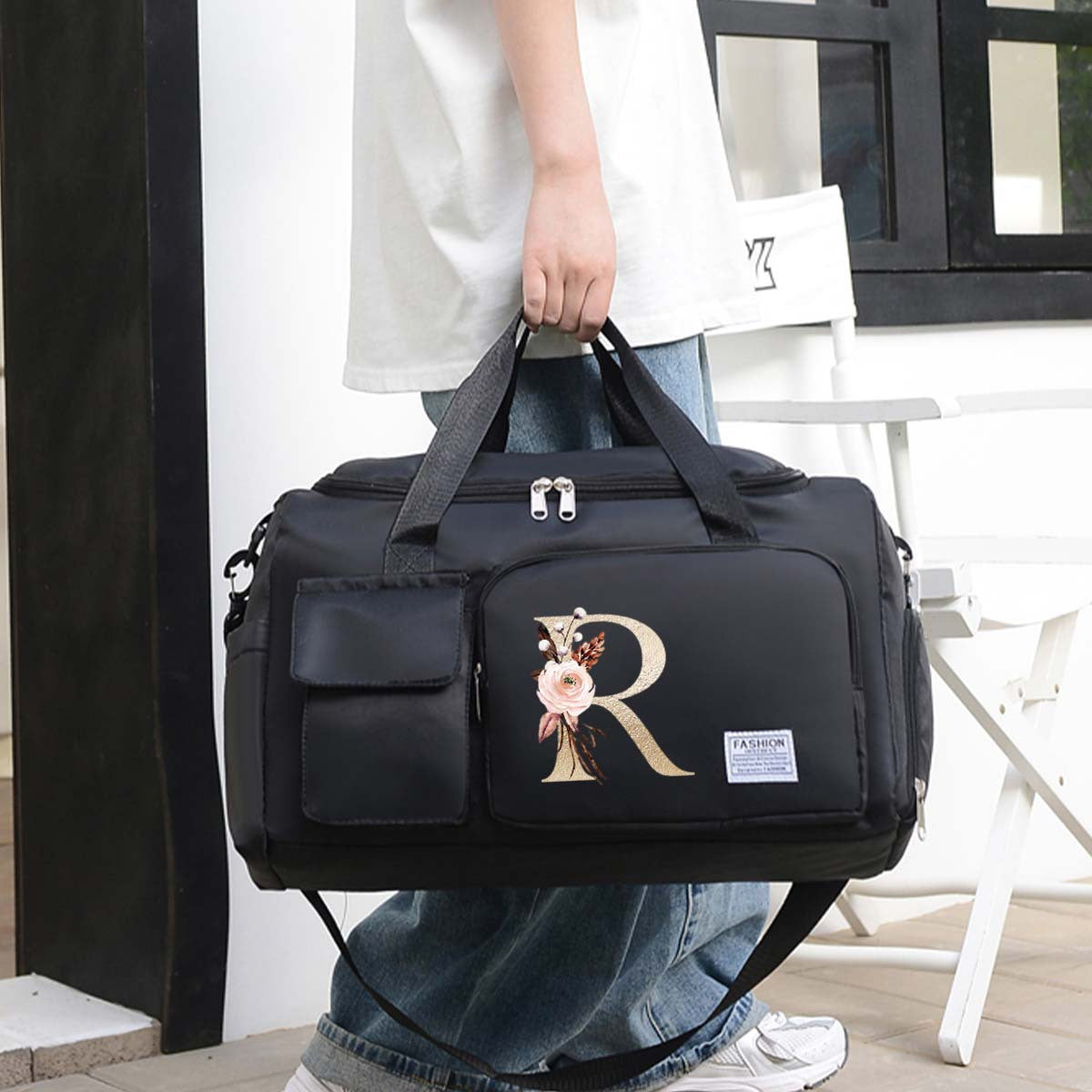 Large Black Travel Bag with Floral Letter Design, Oxford Cloth, Multiple Compartments