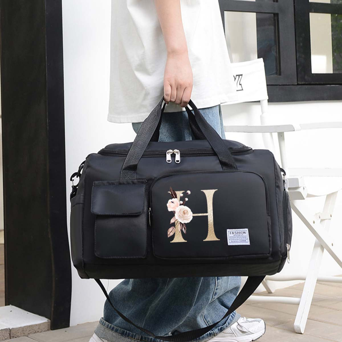 Large Black Travel Bag with Floral Letter Design, Oxford Cloth, Multiple Compartments