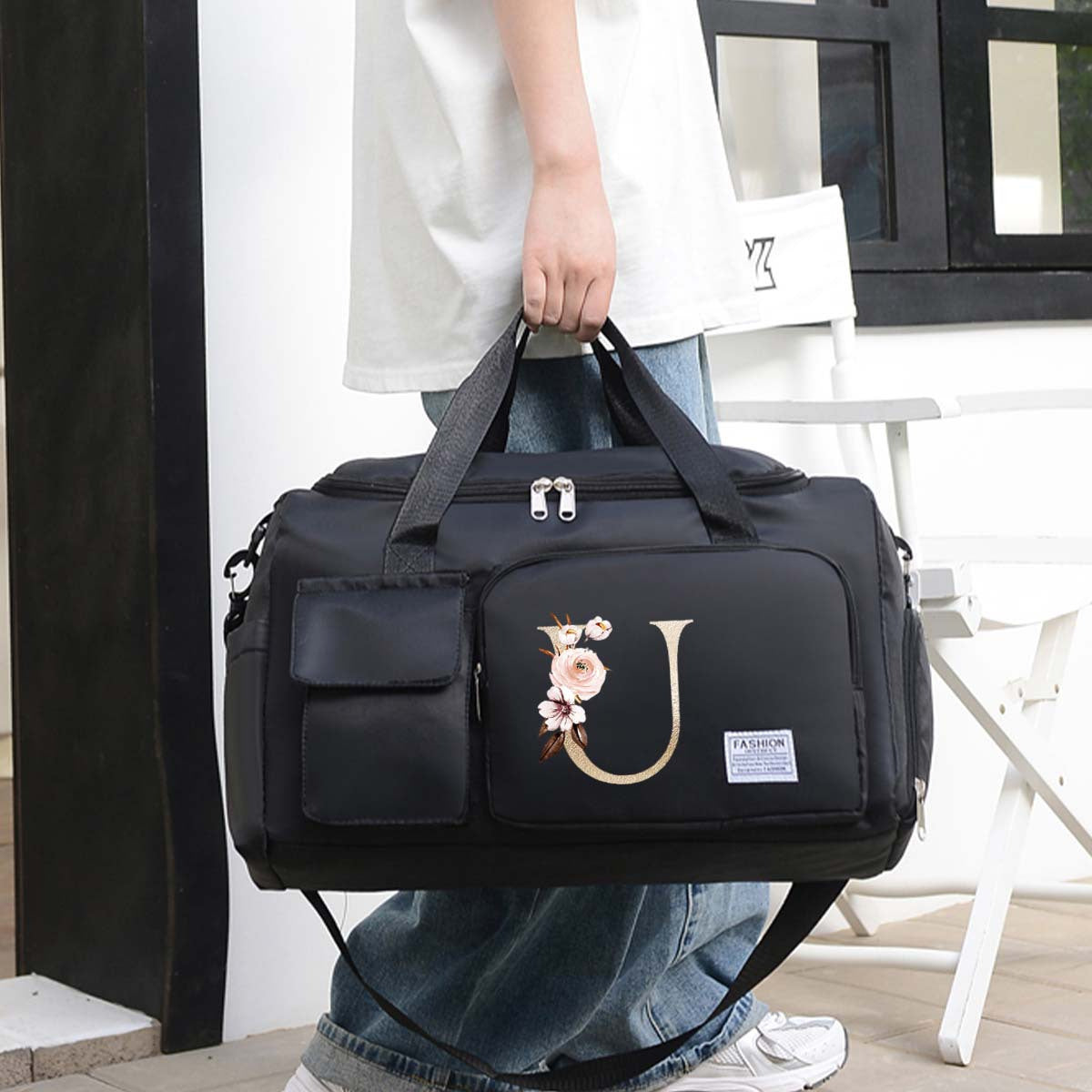 Large Black Travel Bag with Floral Letter Design, Oxford Cloth, Multiple Compartments