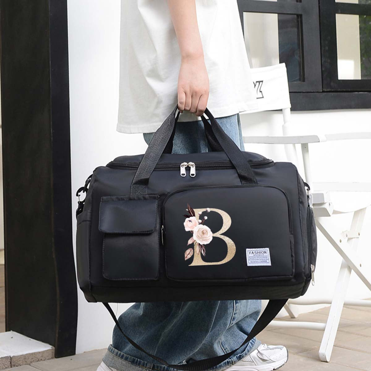 Large Black Travel Bag with Floral Letter Design, Oxford Cloth, Multiple Compartments