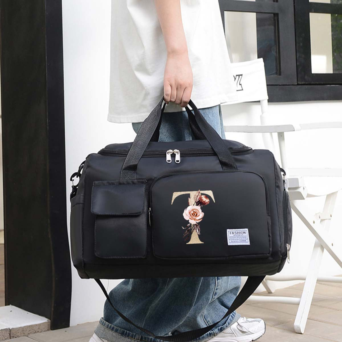 Large Black Travel Bag with Floral Letter Design, Oxford Cloth, Multiple Compartments