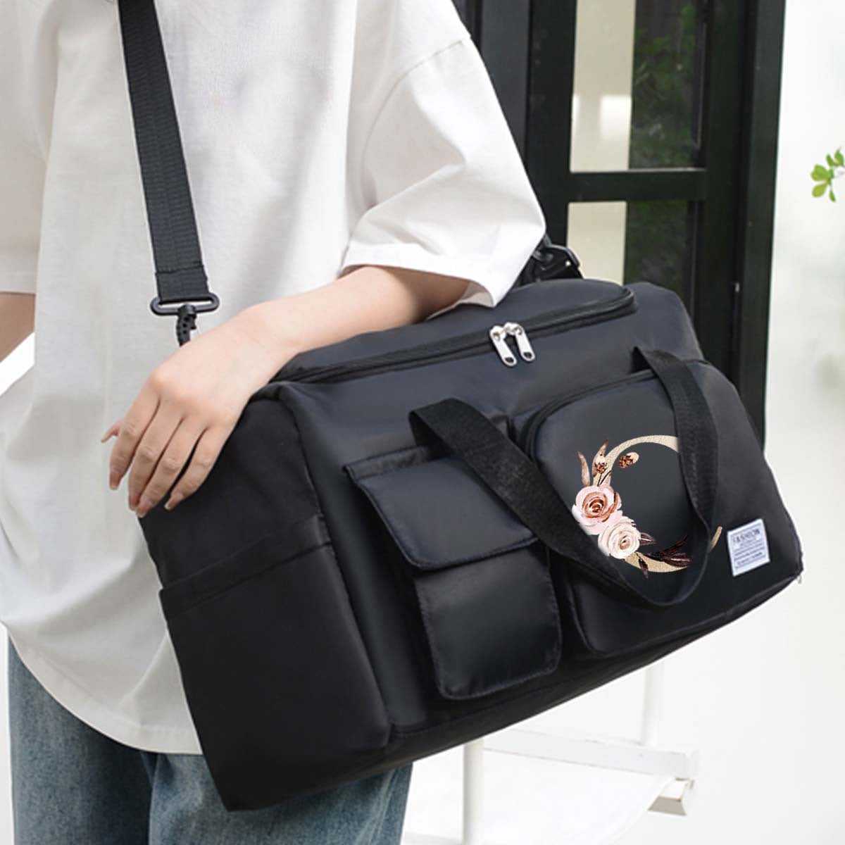 Large Black Travel Bag with Floral Letter Design, Oxford Cloth, Multiple Compartments
