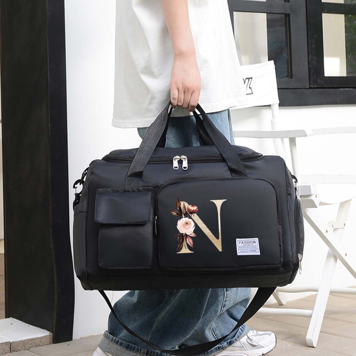 Large Black Travel Bag with Floral Letter Design, Oxford Cloth, Multiple Compartments