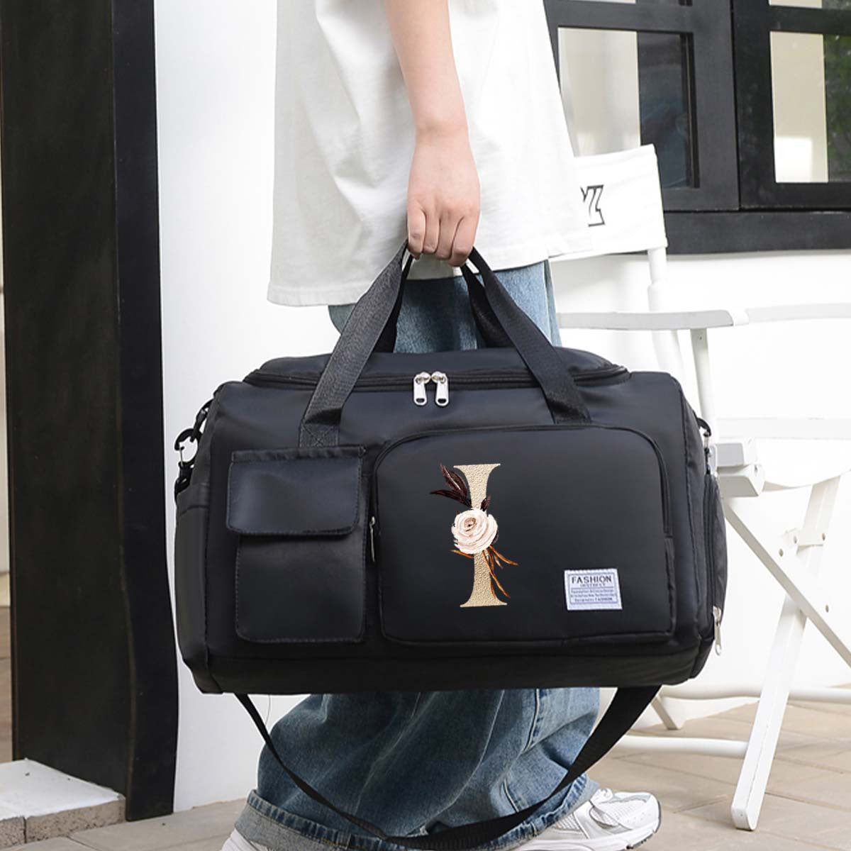 Large Black Travel Bag with Floral Letter Design, Oxford Cloth, Multiple Compartments