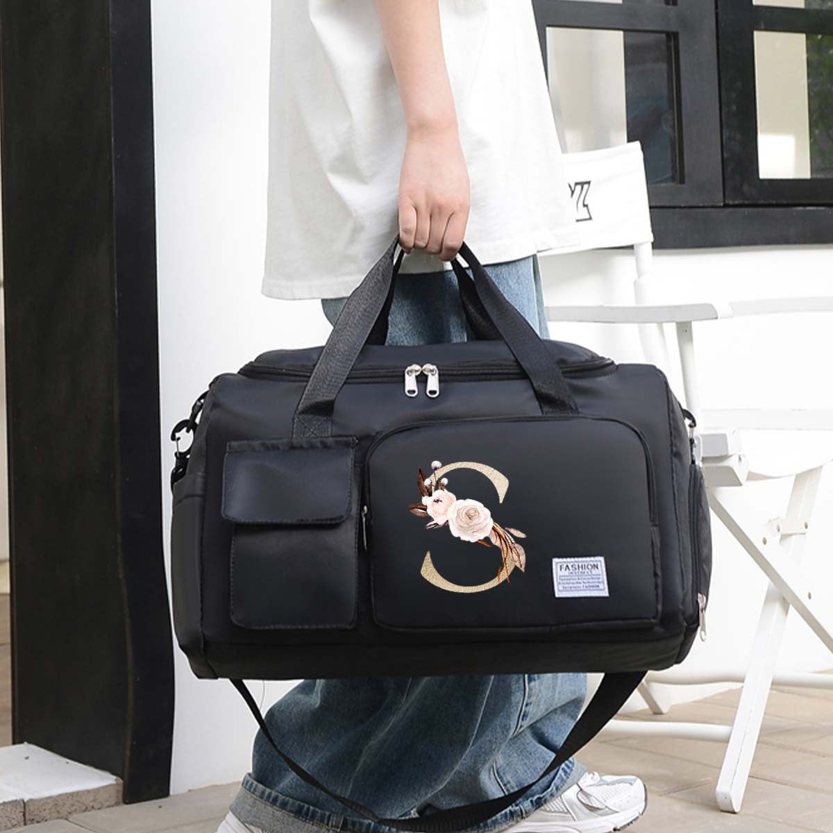 Large Black Travel Bag with Floral Letter Design, Oxford Cloth, Multiple Compartments