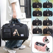 Large Black Travel Bag with Floral Letter Design, Oxford Cloth, Multiple Compartments