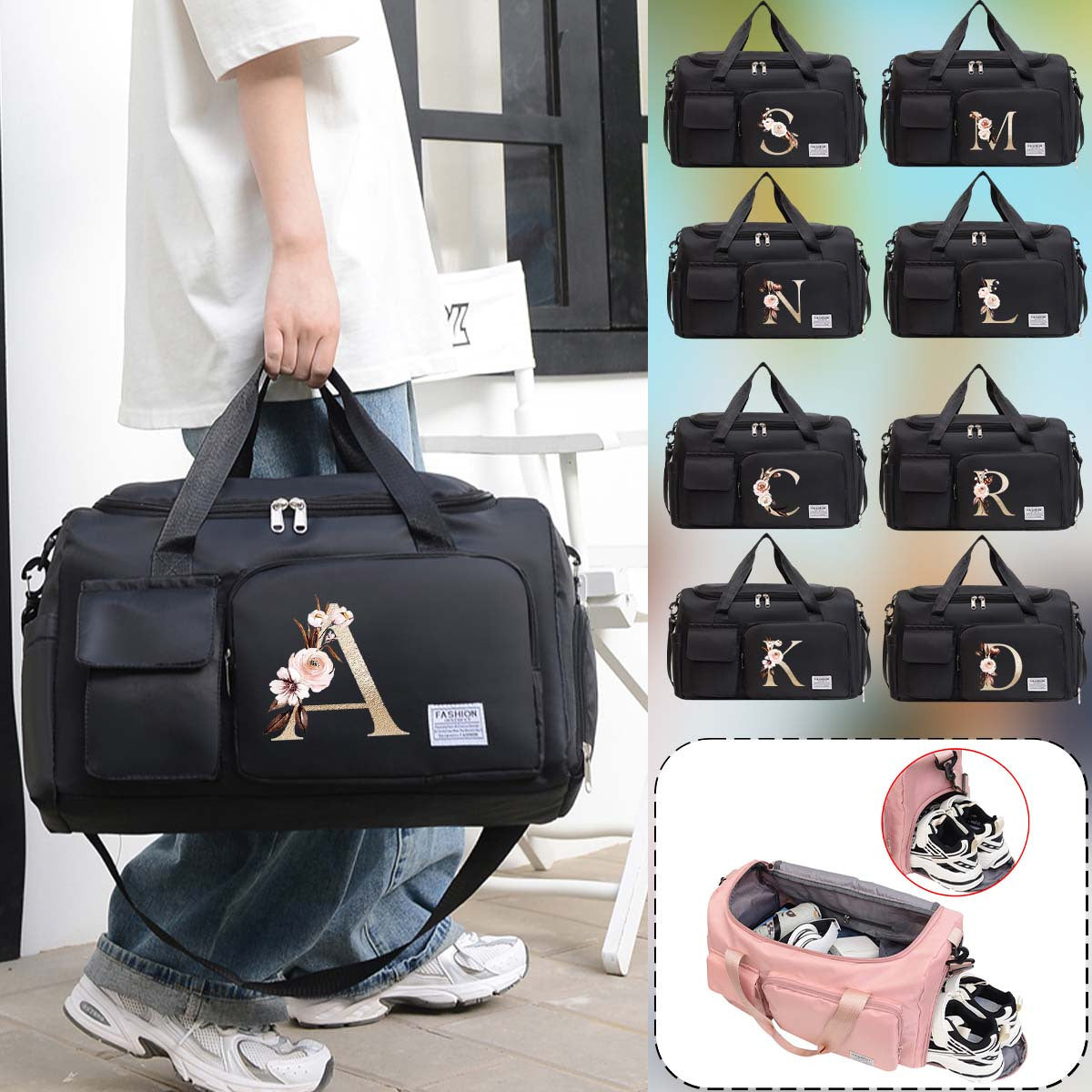 Large Black Travel Bag with Floral Letter Design, Oxford Cloth, Multiple Compartments