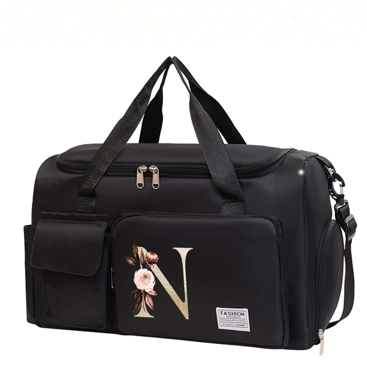 Large Black Travel Bag with Floral Letter Design, Oxford Cloth, Multiple Compartments
