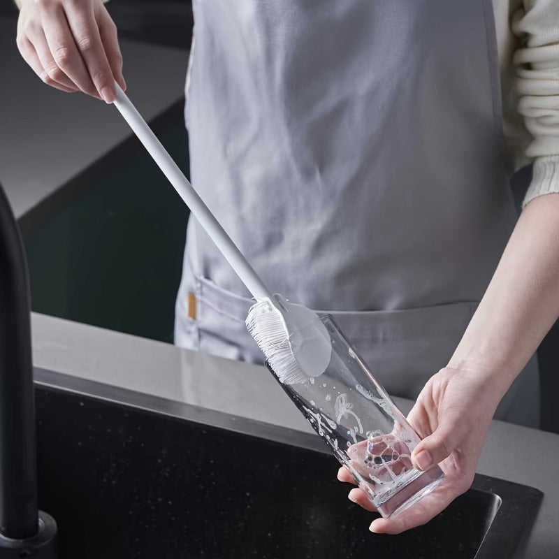 Uzoq tutqichli silikon cho'tka, 360° aylanish bilan - oshxona va restoran stakanlarini tozalash uchun mukammal, hech qanday joyni o'tkazib yubormaslikni ta'minlaydi. Mustahkam va qayta ishlatiladigan.