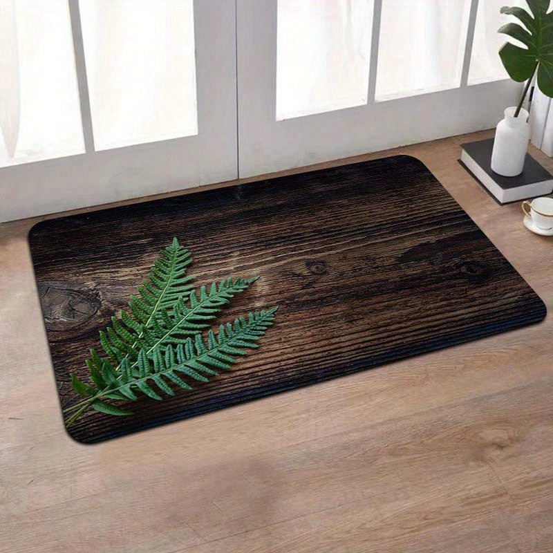 Wood Print Fern Doormat Polyester Indoor Rug with Slip-Resistant Backing