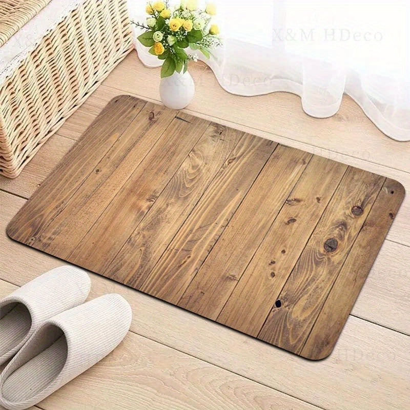 Durable Polyester Retro Wood Grain Area Rug Non-Slip PVC Backing for Living Room Bedroom Kitchen
