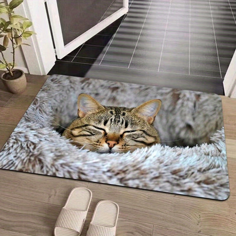 Soft Cat Print Plush Doormat, Non-Slip Polyester Floor Rug for Living Room and Entryway