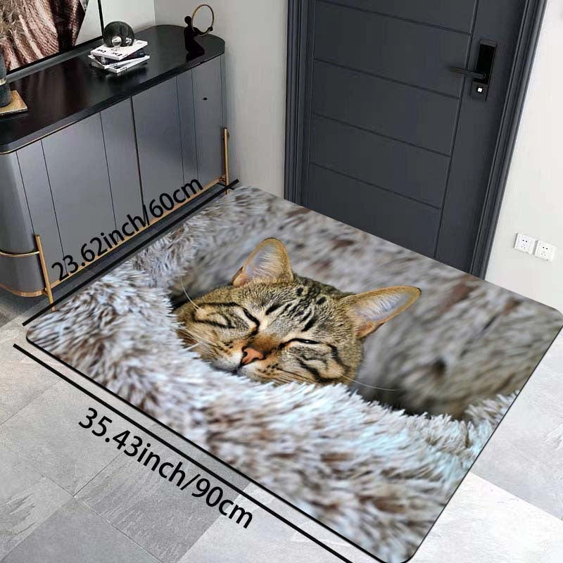 Soft Cat Print Plush Doormat, Non-Slip Polyester Floor Rug for Living Room and Entryway