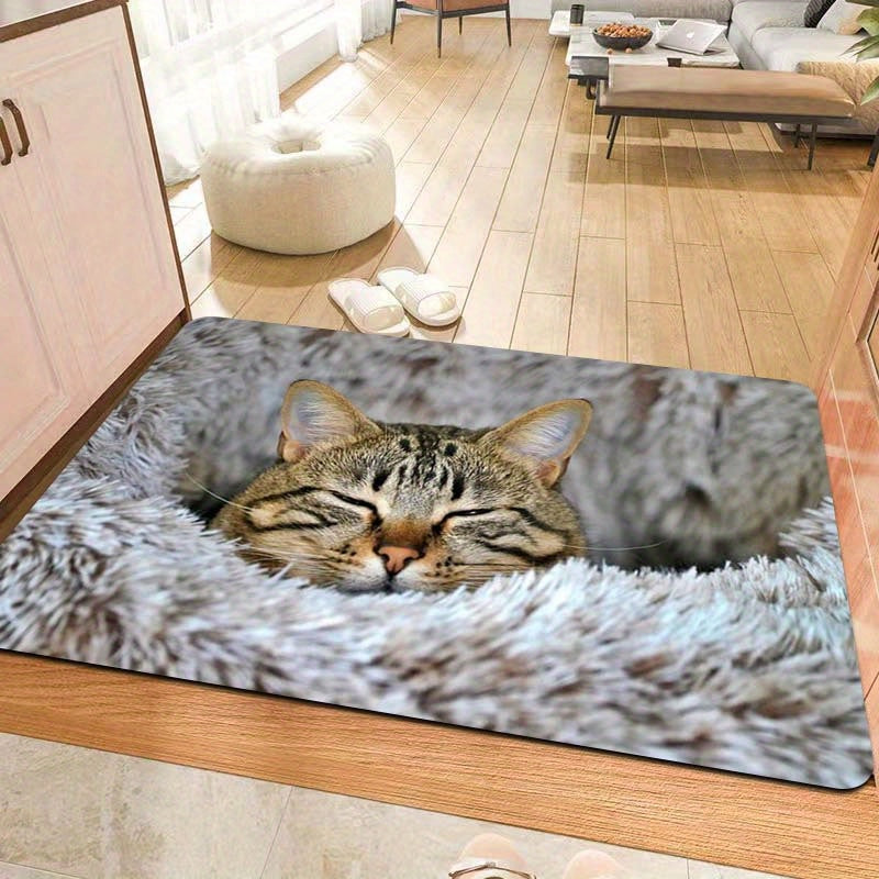 Soft Cat Print Plush Doormat, Non-Slip Polyester Floor Rug for Living Room and Entryway