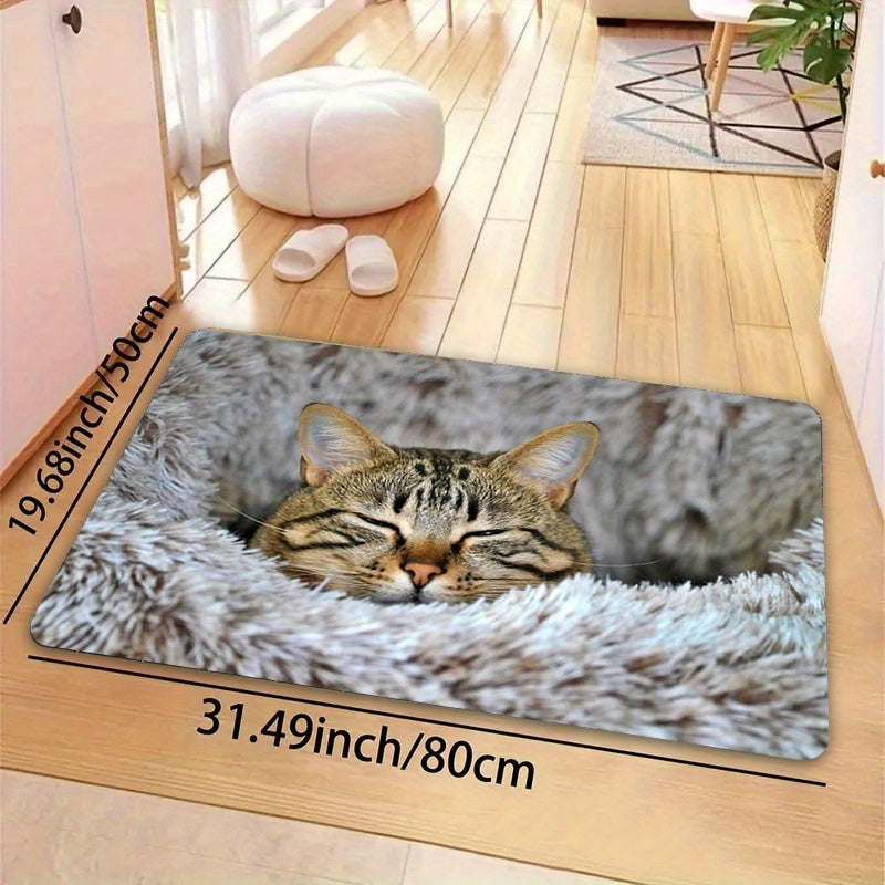Soft Cat Print Plush Doormat, Non-Slip Polyester Floor Rug for Living Room and Entryway