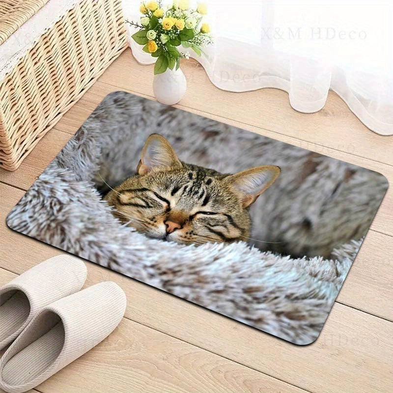 Soft Cat Print Plush Doormat, Non-Slip Polyester Floor Rug for Living Room and Entryway