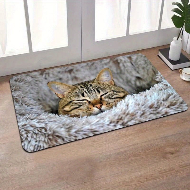 Soft Cat Print Plush Doormat, Non-Slip Polyester Floor Rug for Living Room and Entryway