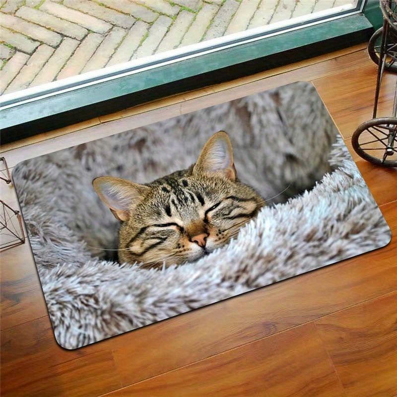Soft Cat Print Plush Doormat, Non-Slip Polyester Floor Rug for Living Room and Entryway
