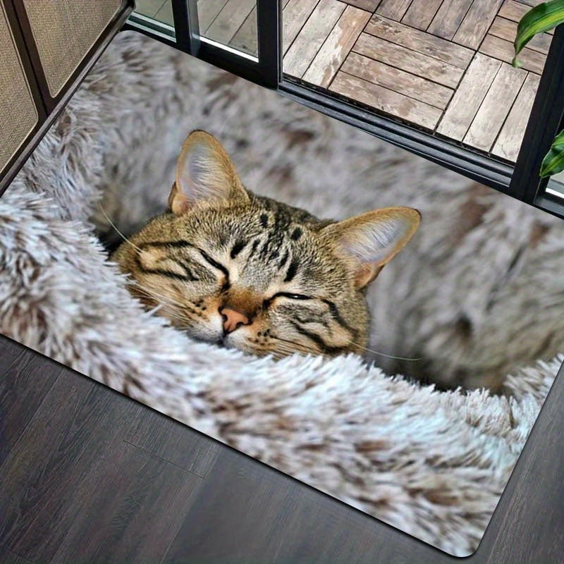 Soft Cat Print Plush Doormat, Non-Slip Polyester Floor Rug for Living Room and Entryway