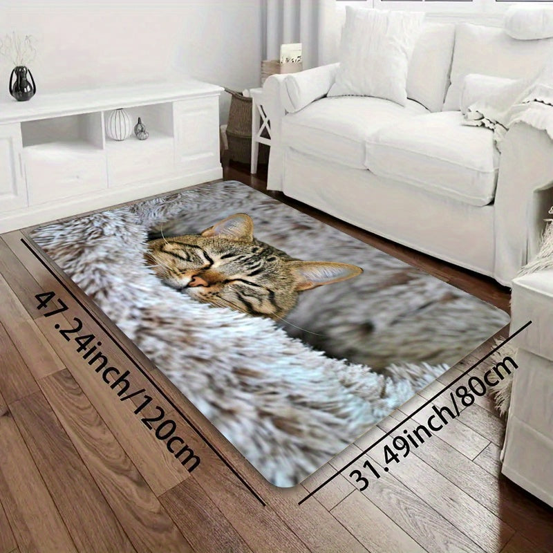 Soft Cat Print Plush Doormat, Non-Slip Polyester Floor Rug for Living Room and Entryway