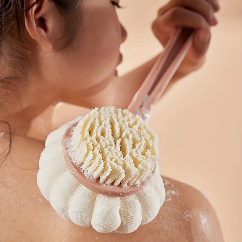 Long-Handled Dual-Sided Bath Body Brush with Bristle and Loofah for Exfoliation