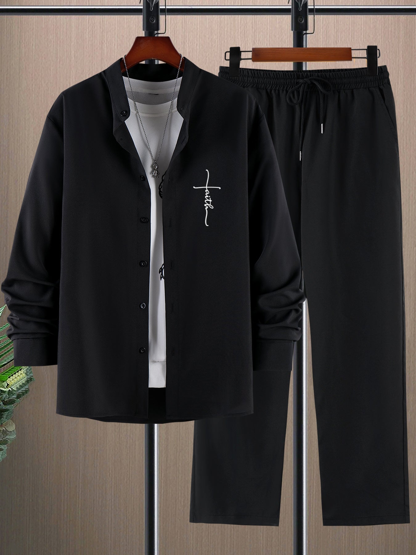 Men's Casual Suit with Printed Stand-Up Collar Polyester Geometric Pattern