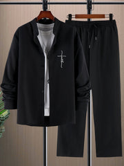 Men's Casual Suit with Printed Stand-Up Collar Polyester Geometric Pattern