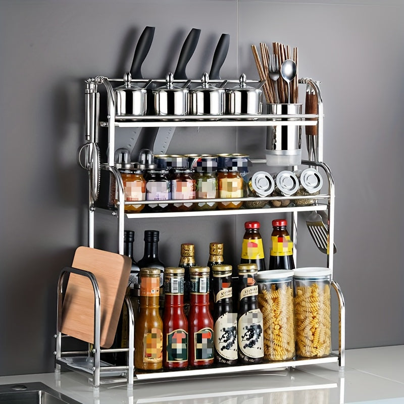 Estante de almacenamiento de cocina de acero inoxidable con ganchos, organizador de varias capas de suelo a techo