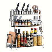 Stainless Steel Kitchen Storage Rack with Hooks, Multi-Layer Floor-to-Ceiling Organizer