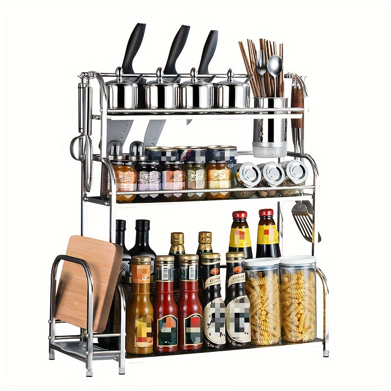 Stainless Steel Kitchen Storage Rack with Hooks, Multi-Layer Floor-to-Ceiling Organizer