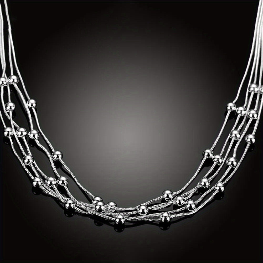 Women's Silver Plated Multi-Layer Beaded Necklace 45.72cm Snake Chain Jewelry
