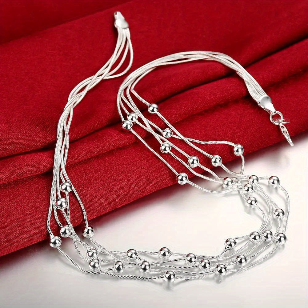 Women's Silver Plated Multi-Layer Beaded Necklace 45.72cm Snake Chain Jewelry