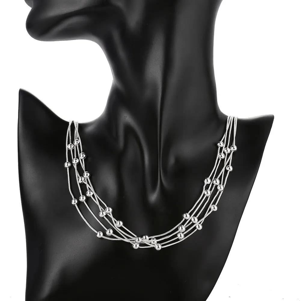 Women's Silver Plated Multi-Layer Beaded Necklace 45.72cm Snake Chain Jewelry