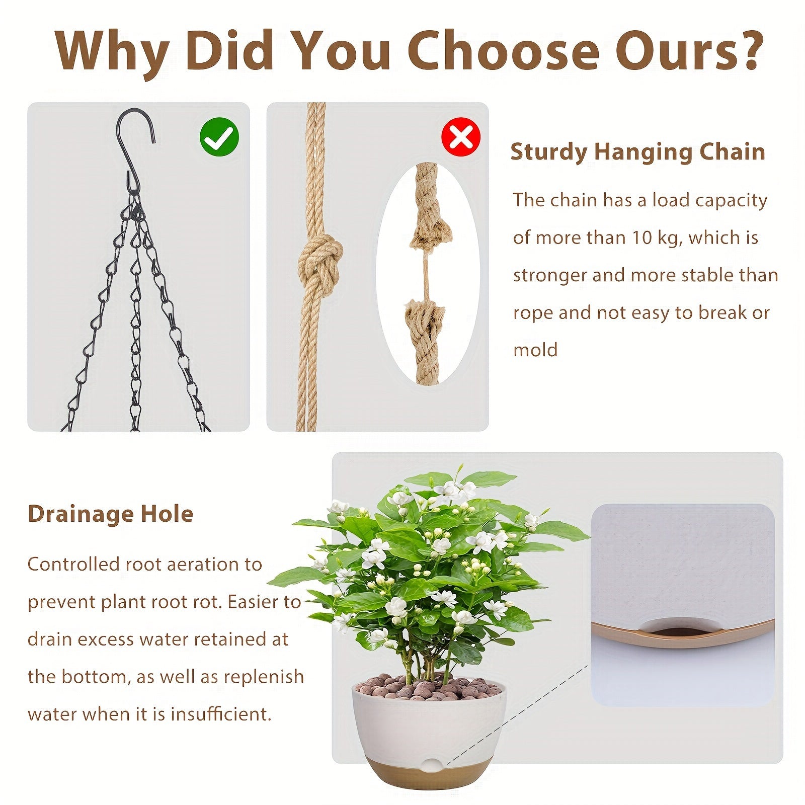 3 dona osilgan gulqopqog'i to'plami, 20.32cm katta sig'imli drenaj zanjiri, olib tashlanadigan idish, ichki va tashqi bog'lar, balkon bezaklari