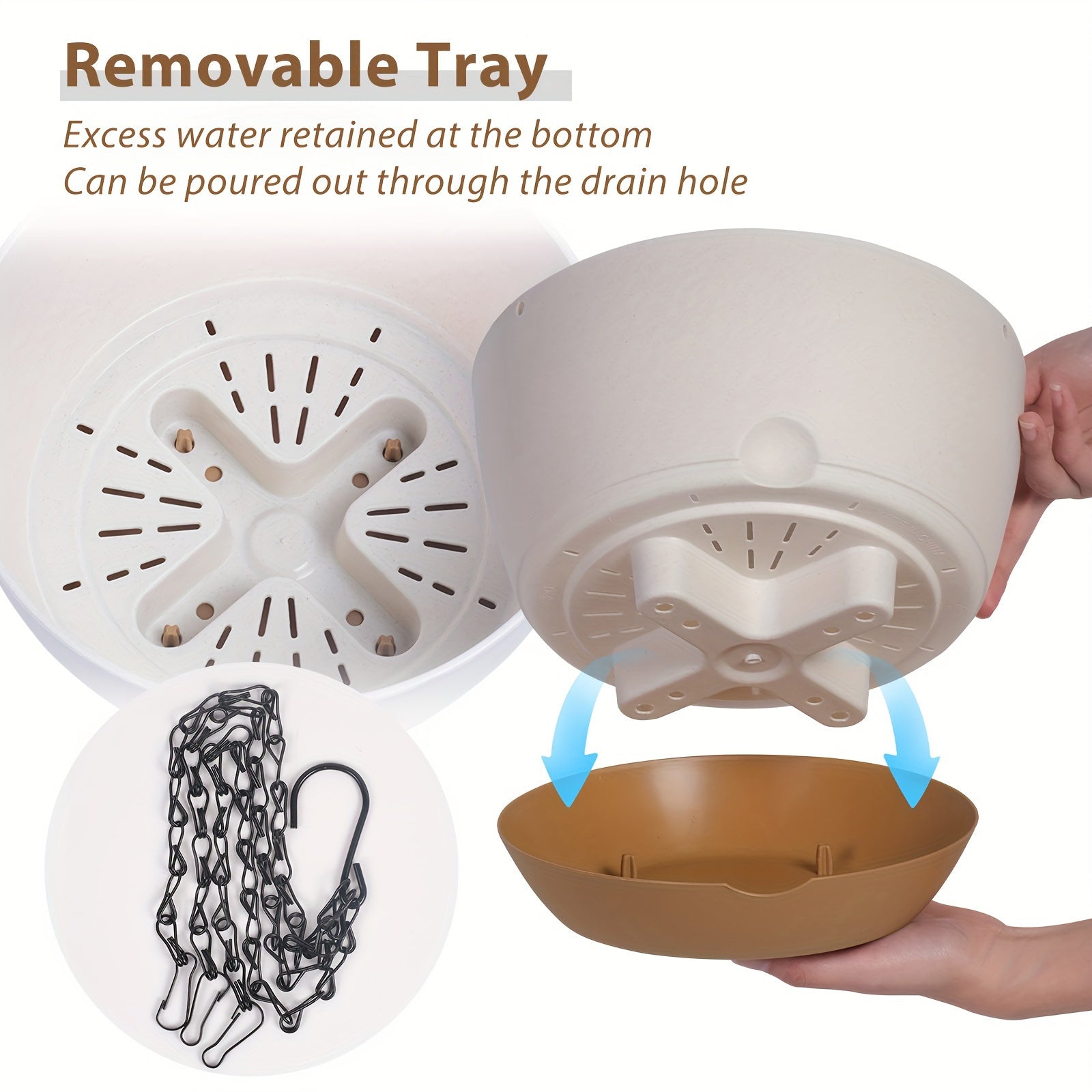 3 dona osilgan gulqopqog'i to'plami, 20.32cm katta sig'imli drenaj zanjiri, olib tashlanadigan idish, ichki va tashqi bog'lar, balkon bezaklari