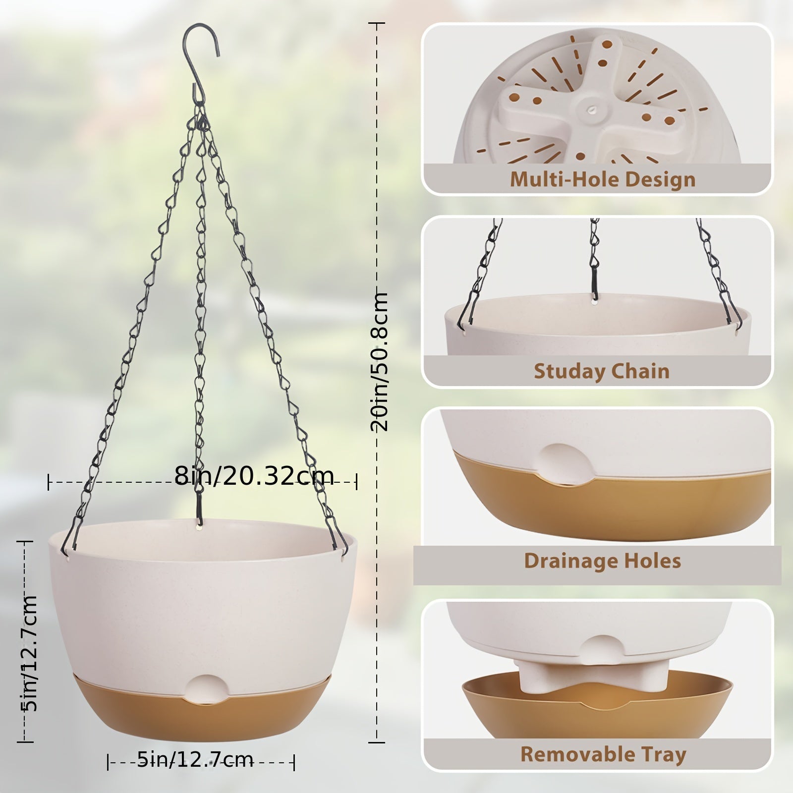 3 dona osilgan gulqopqog'i to'plami, 20.32cm katta sig'imli drenaj zanjiri, olib tashlanadigan idish, ichki va tashqi bog'lar, balkon bezaklari