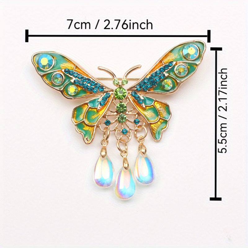 Vintage Enamel Butterfly Brooch with Rhinestones and Tassel for Women's Jewelry