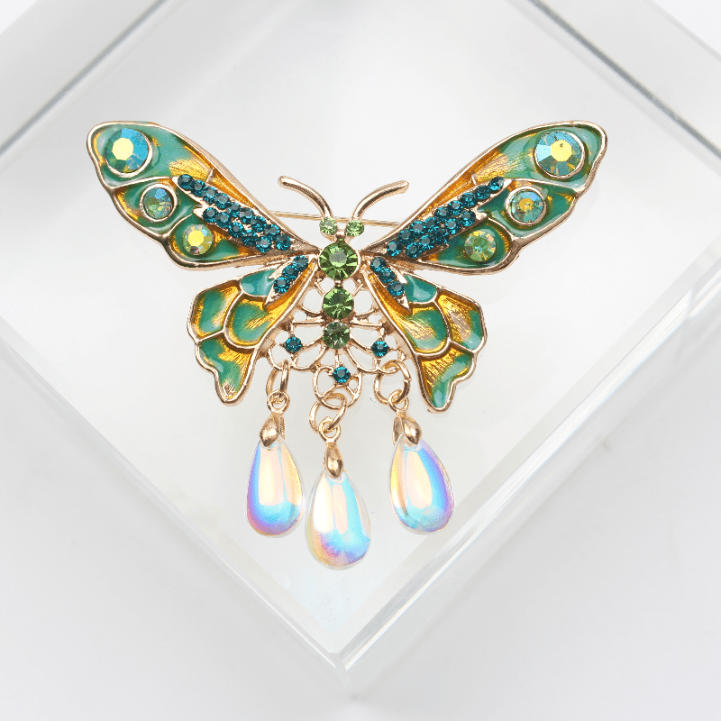 Vintage Enamel Butterfly Brooch with Rhinestones and Tassel for Women's Jewelry