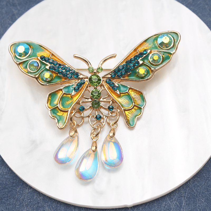 Vintage Enamel Butterfly Brooch with Rhinestones and Tassel for Women's Jewelry