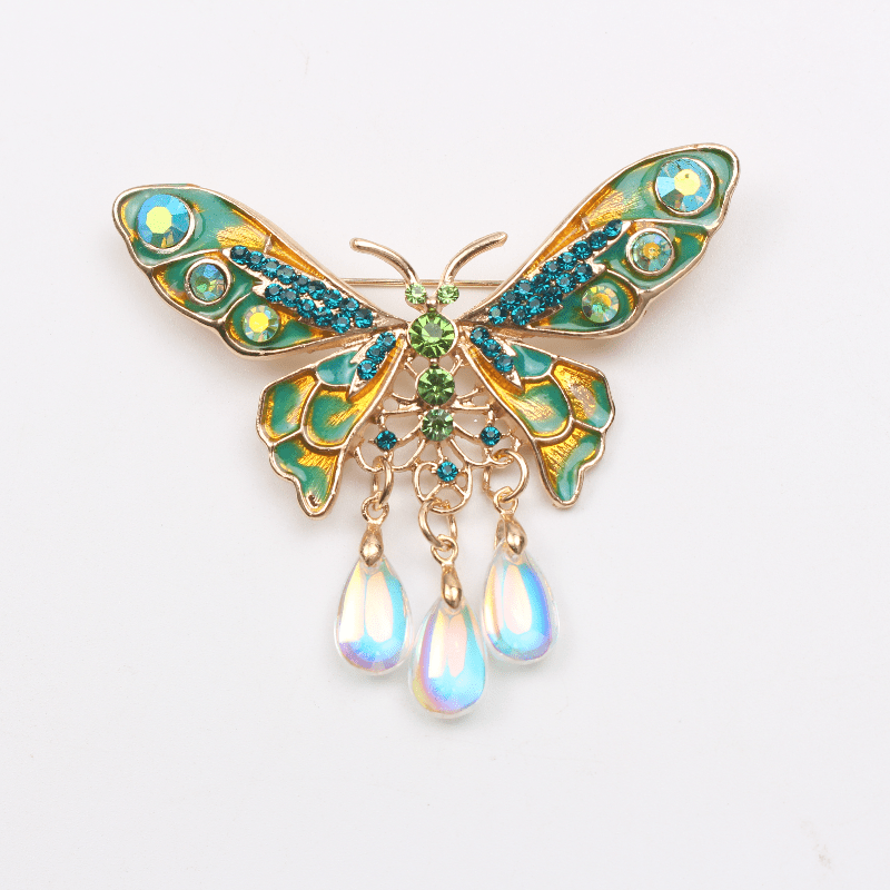 Vintage Enamel Butterfly Brooch with Rhinestones and Tassel for Women's Jewelry