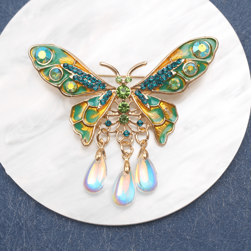 Vintage Enamel Butterfly Brooch with Rhinestones and Tassel for Women's Jewelry