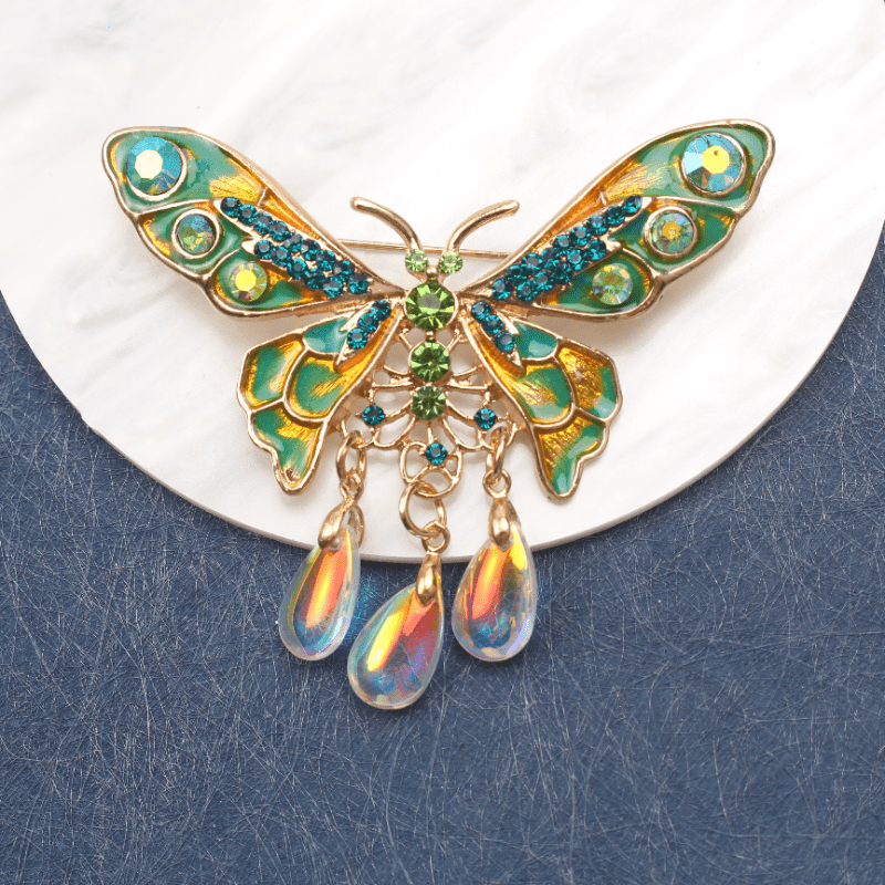 Vintage Enamel Butterfly Brooch with Rhinestones and Tassel for Women's Jewelry