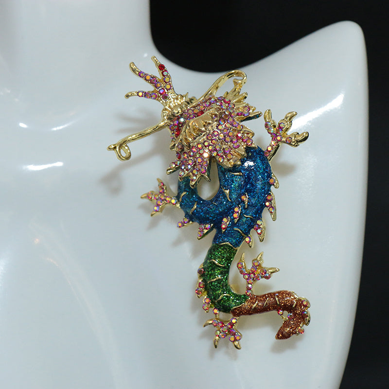Enamel Dragon Brooch for Men and Women Chinese Style Rhinestone Embellishments