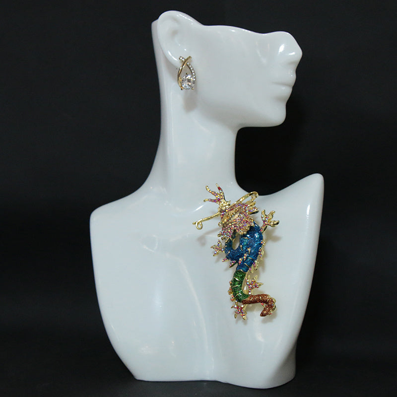 Enamel Dragon Brooch for Men and Women Chinese Style Rhinestone Embellishments