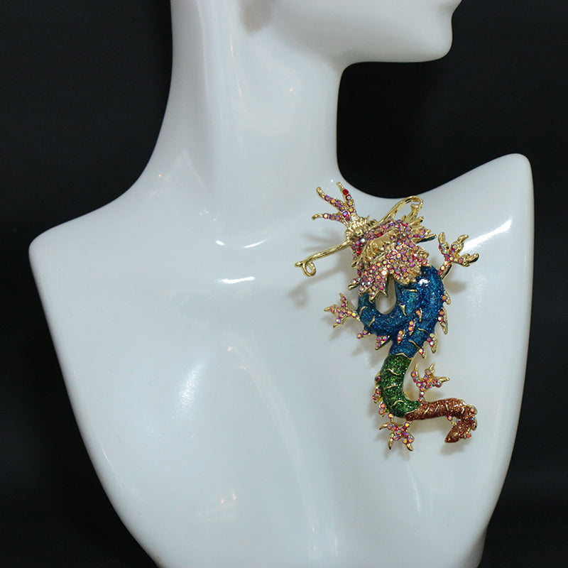 Enamel Dragon Brooch for Men and Women Chinese Style Rhinestone Embellishments