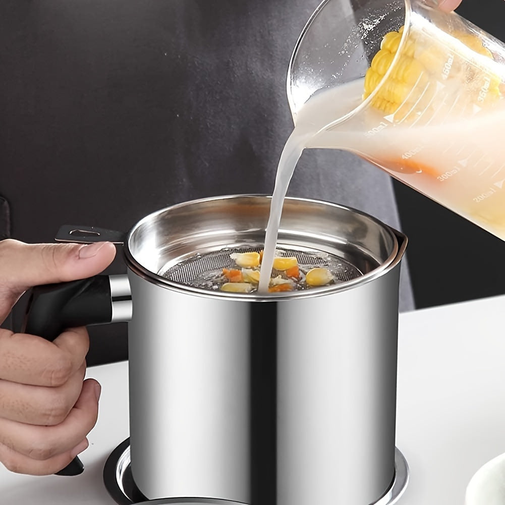 Stainless Steel Oil Storage Pot with Strainer and Lid for Cooking