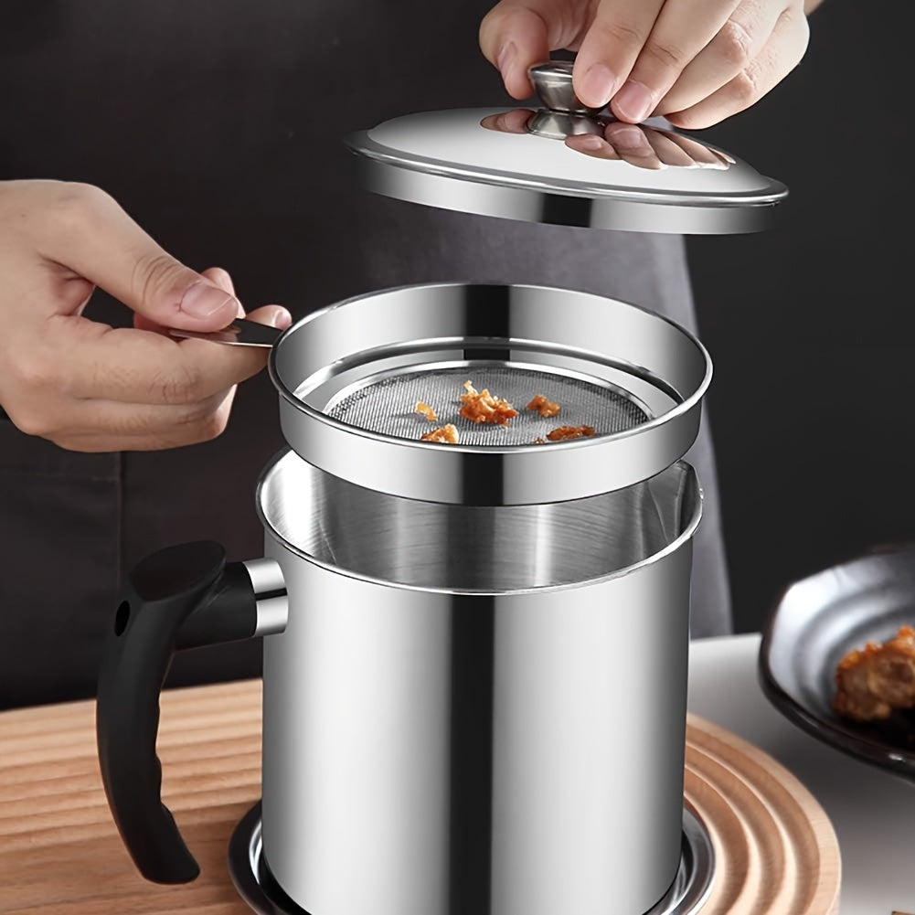 Stainless Steel Oil Storage Pot with Strainer and Lid for Cooking